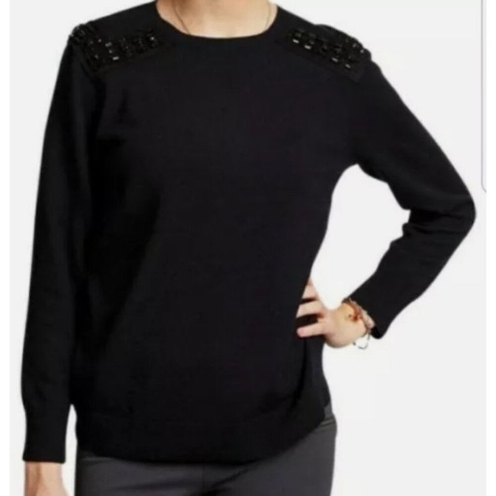 J CREW cashmere navy black sweater jewel bead gem shoulder Embellished S